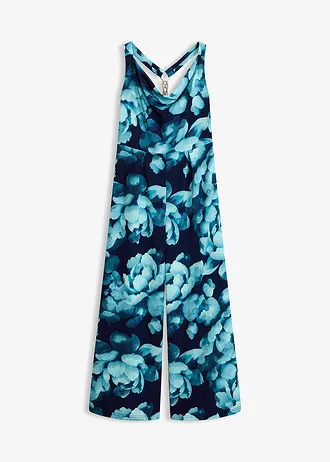 Jersey jumpsuit met watervalhals • donkerblauw gebloemd • bonprix online shop