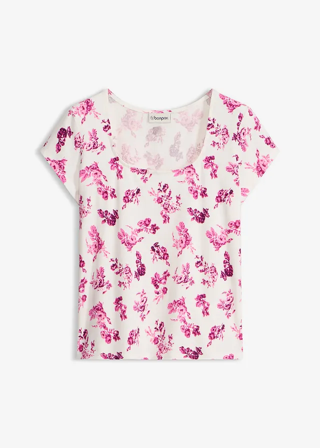 T-shirt en coton extensible • rose-écru floral • Boutique bonprix