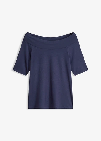 Bluză Carmen din amestec de viscoză, culoare: bleumarin