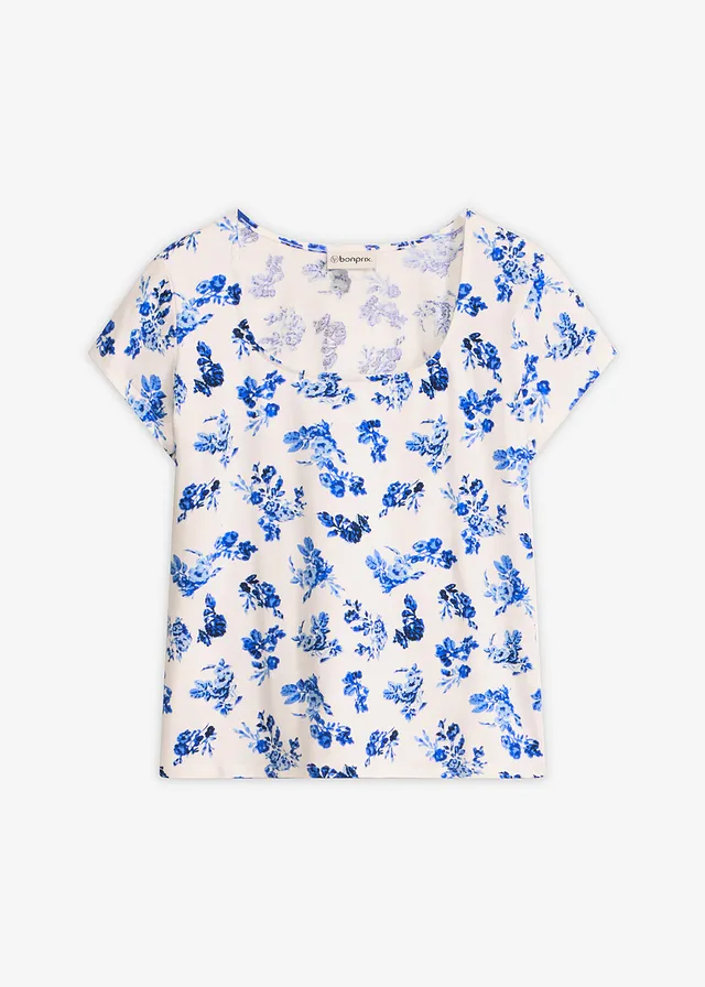 T-shirt en coton extensible, Couleur: bleu/écru floral