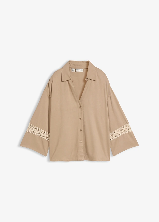 Blouse van soepele viscose, Kleur: rietbeige-kiezelgrijs
