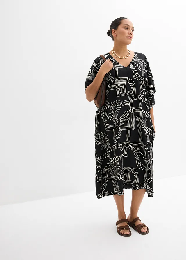 Kaftan jurk van een viscose-mix, Kleur: zwart-parelwit grafisch