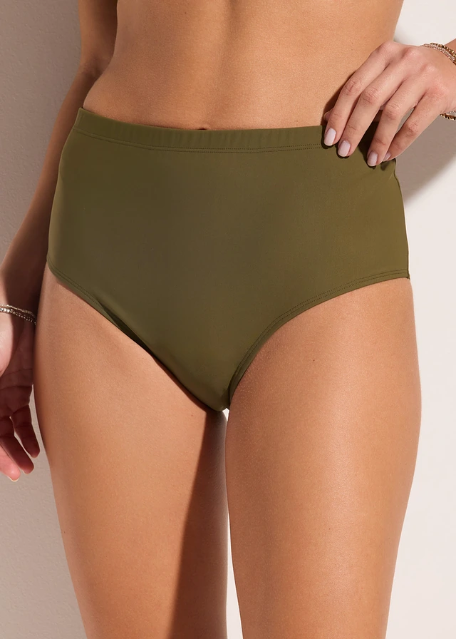 Bas de bikini sculptant taille haute, maintien léger, Couleur: olive foncé