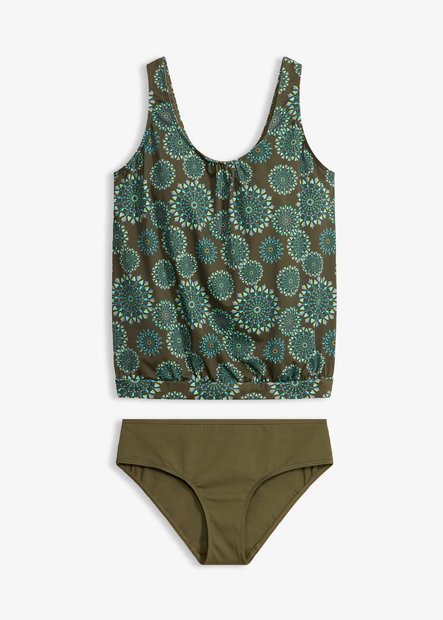Oversized tankini met brede bandjes (2-dlg. set), Kleur: donkerolijfgroen grafische print