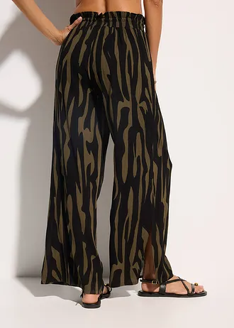 Strandbroek van viscose, Kleur: kaki-zwart grafisch