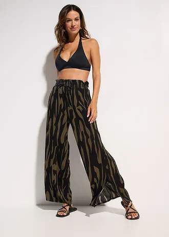 Strandbroek van viscose, Kleur: kaki-zwart grafisch