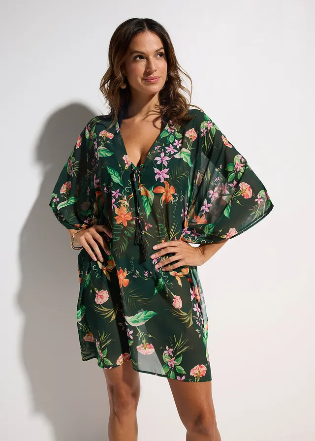 Strandtuniek van lichte chiffon, Kleur: groen gebloemd