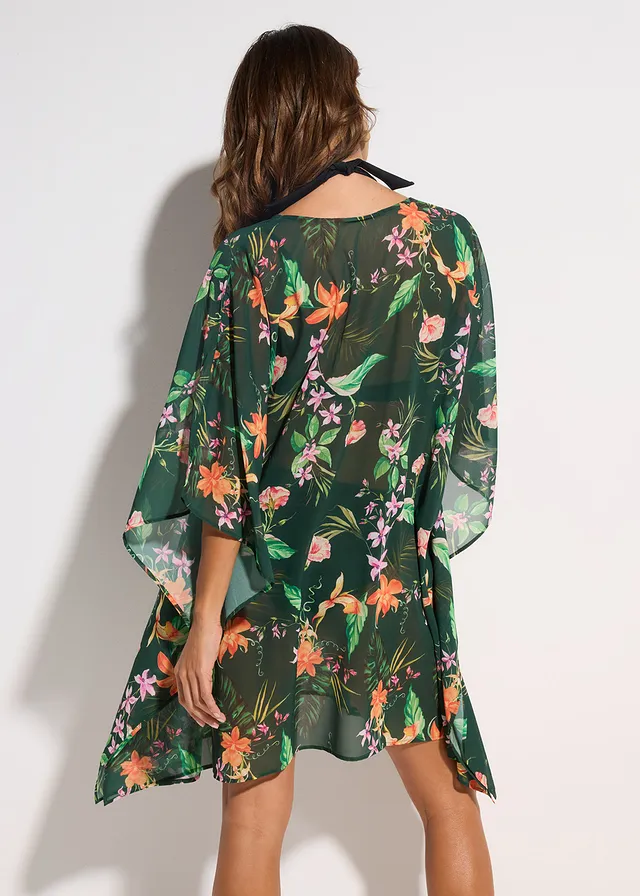 Strandtuniek van lichte chiffon, Kleur: groen gebloemd