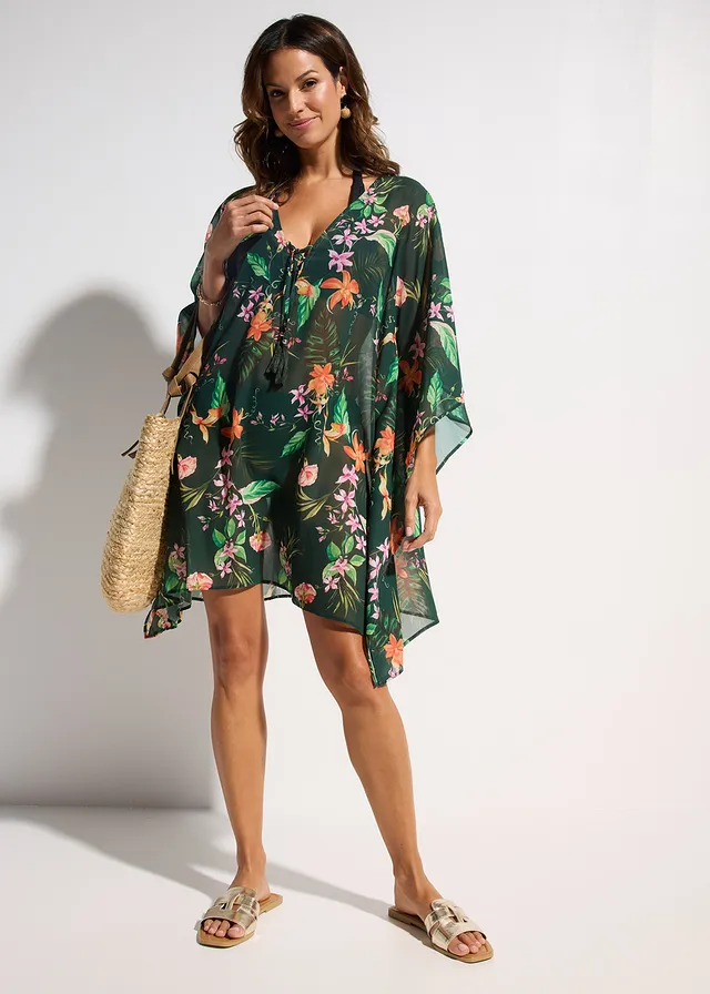 Strandtuniek van lichte chiffon, Kleur: groen gebloemd