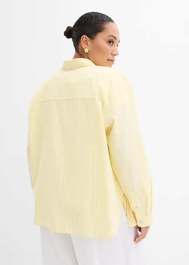 Gestreepte overhemdblouse van puur biologisch katoen, Kleur: wit-lichtgeel verticaal gestreept