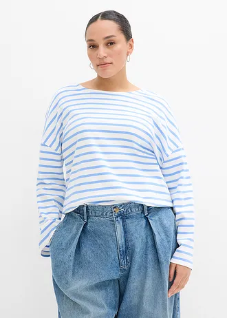 Gestreepte longsleeve van biologisch katoen, Kleur: middenblauw-wolwit horizontaal gestreept