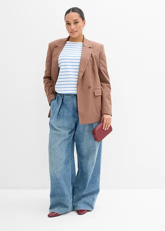 Gestreepte longsleeve van biologisch katoen, Kleur: middenblauw-wolwit horizontaal gestreept