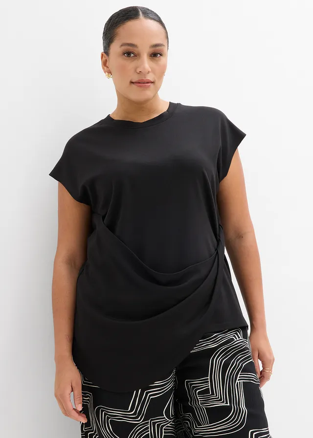 Shirt met asymmetrische onderrand van een viscose-mix, Kleur: zwart