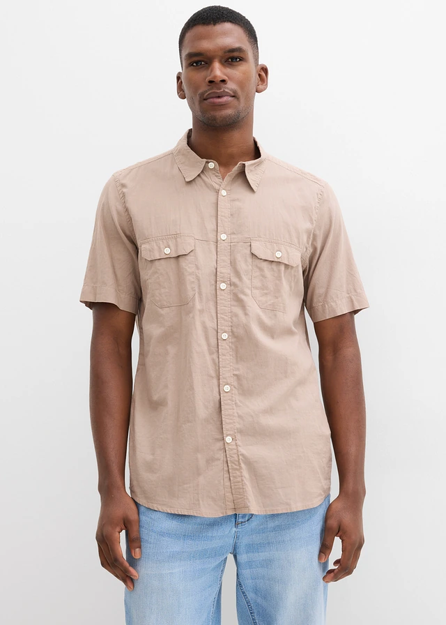 Overhemd met korte mouwen van puur katoen • taupe • product-page.page-title-suffix