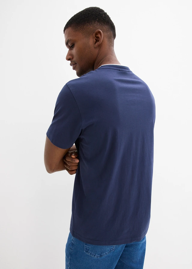 T-shirt col tunisien 100% coton, Couleur: bleu foncé imprimé