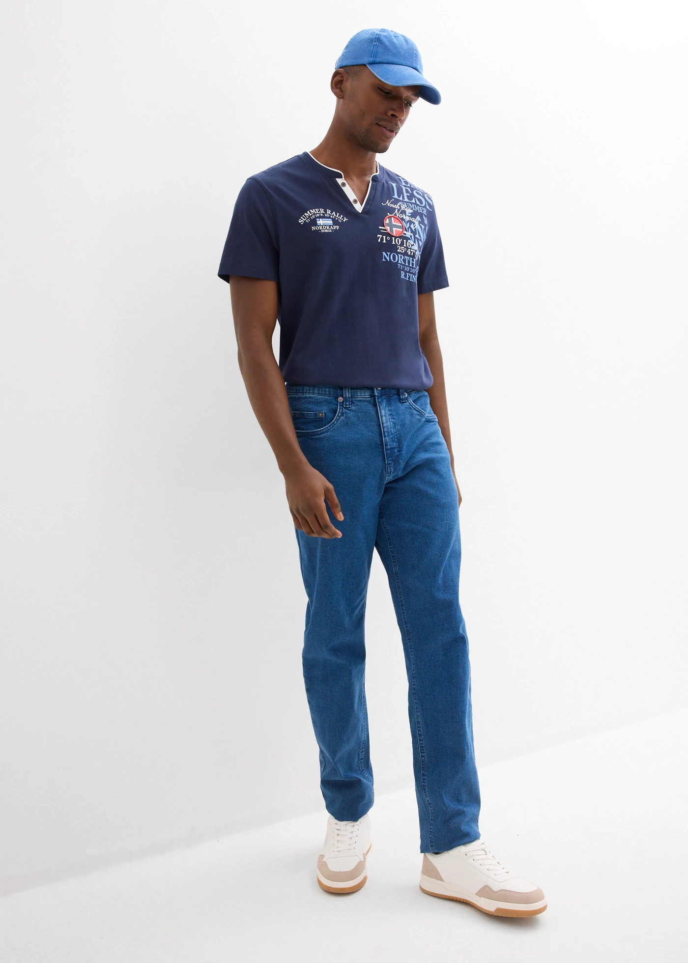 Henley shirt met korte mouwen van biologisch katoen • donkerblauw met print • bonprix online shop