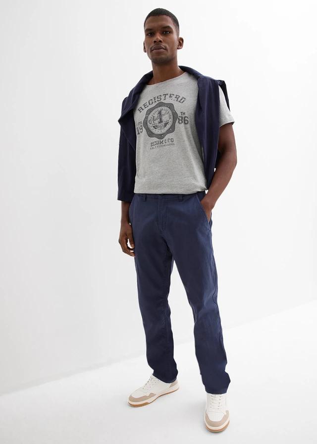 Pantalon chino regular en lin mélangé, droit, Couleur: bleu foncé