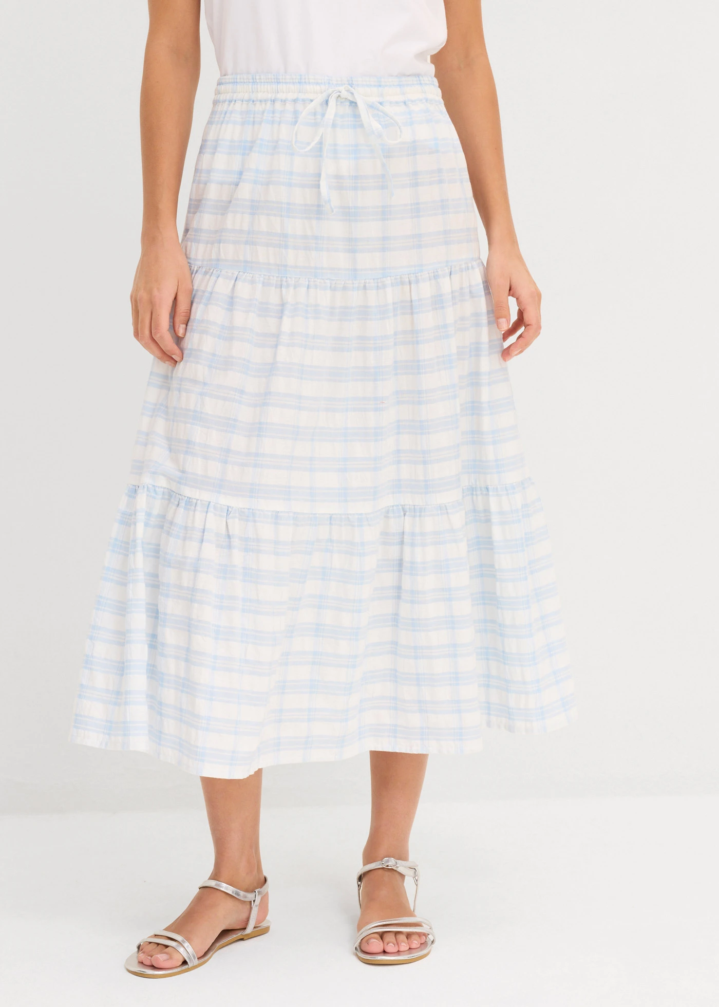 Fustă midi din bumbac 100% • ecru-albastru pudrat cadrilat • magazin bonprix