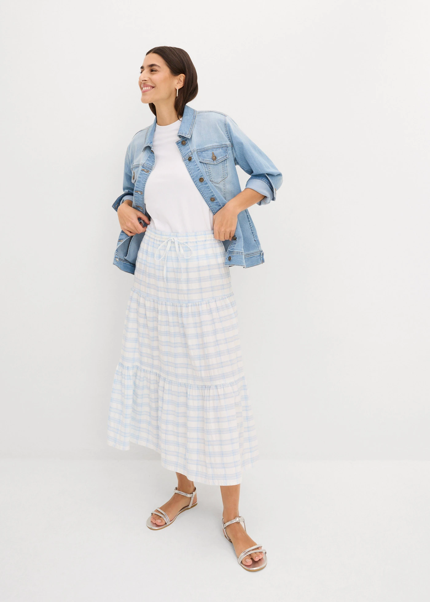 Jupe midi 100% coton • écru-bleu poudré carreaux • Boutique bonprix