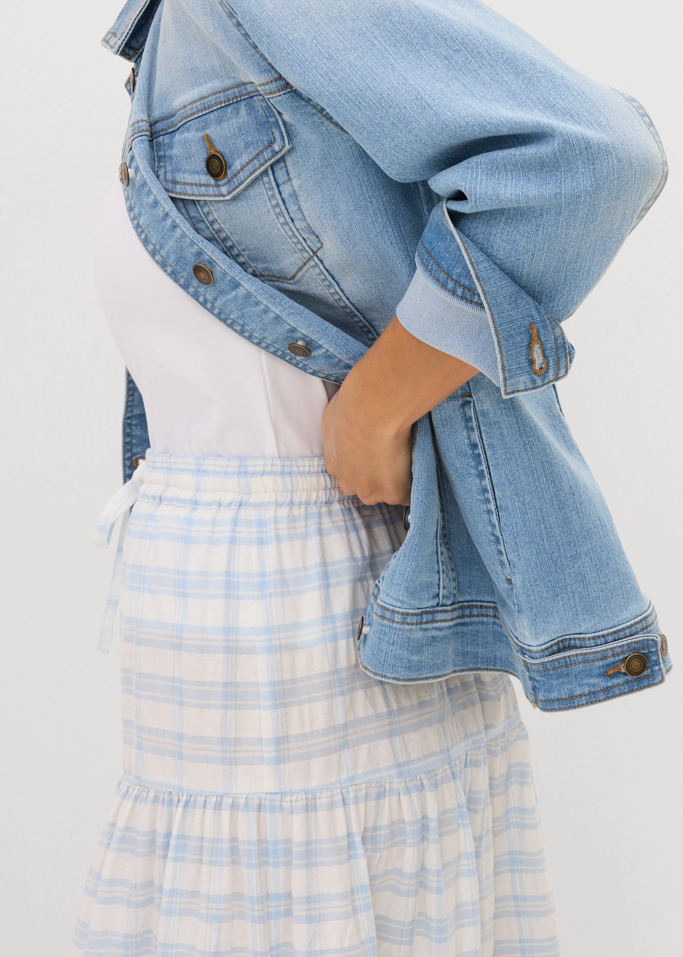 Fustă midi din bumbac 100% • ecru-albastru pudrat cadrilat • magazin bonprix