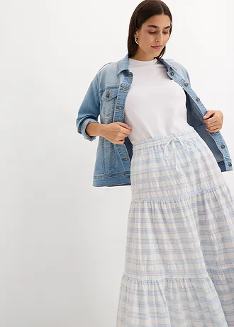 Fustă midi din bumbac 100% • ecru-albastru pudrat cadrilat • magazin bonprix