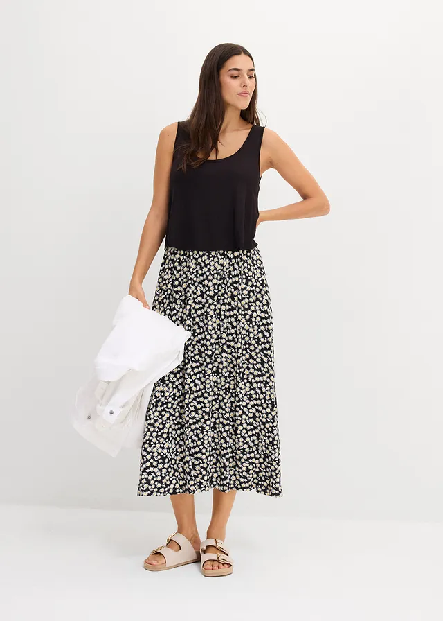 Robe fluide en jersey viscose extensible, Couleur: noir floral