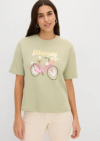 Tricou lejer din bumbac 100%, culoare: verde pal cu imprimeu