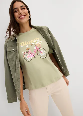 Luźny T-shirt z czystej bawełny • zielono-szary z nadrukiem • sklep bonprix