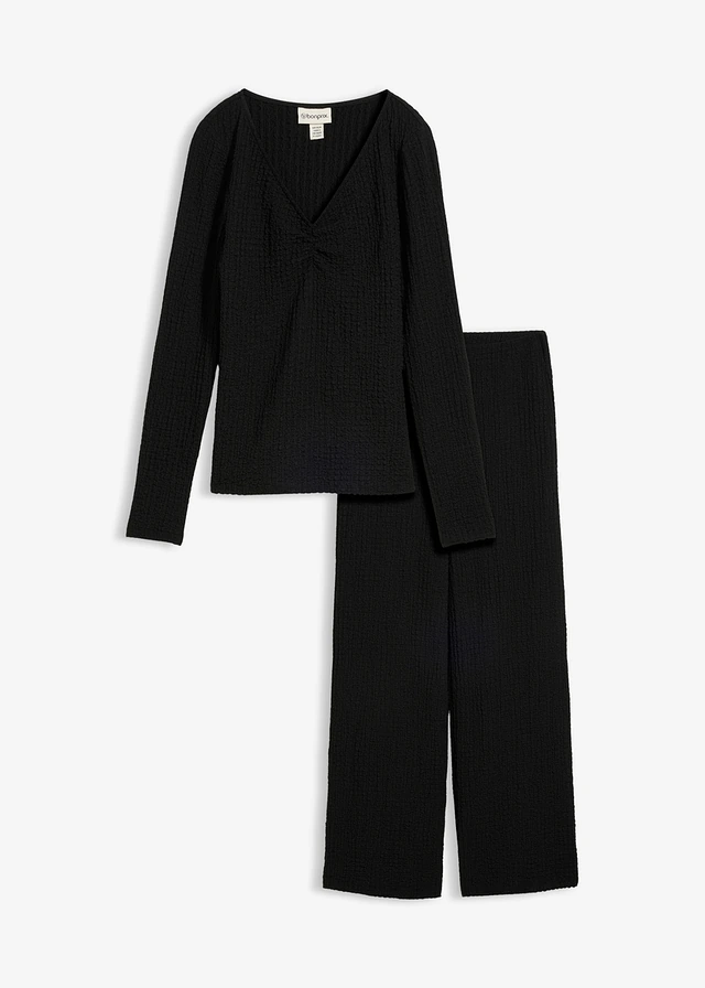 Shirt en broek van zachte  gestructureerde crêpe (2-dlg. set)
