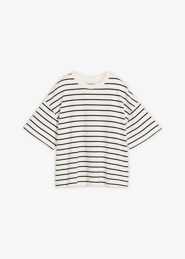 T-shirt met strepen van biologisch katoen • parelwit-zwart horizontaal gestreept • bonprix online shop