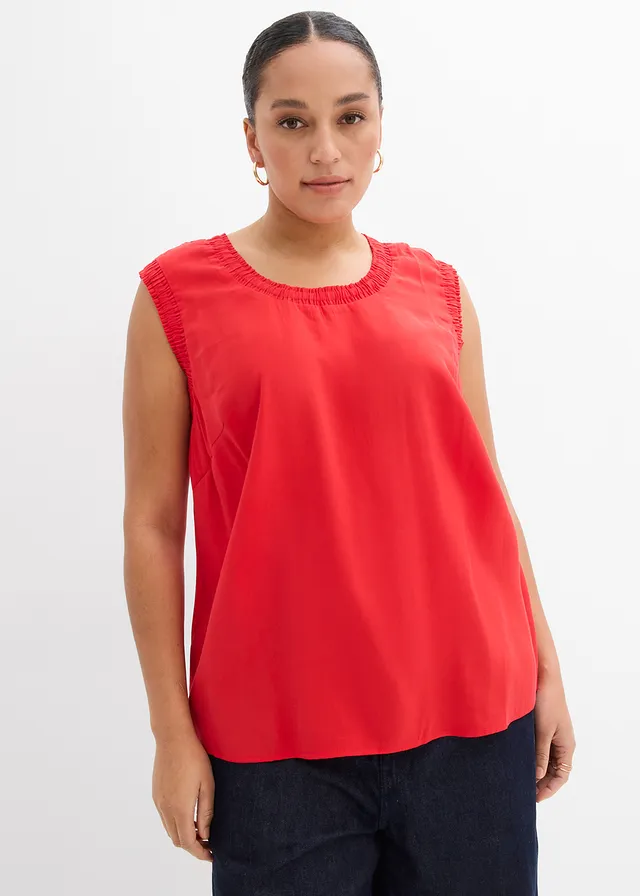 Blousetop van een viscosemix, Kleur: aardbeirood
