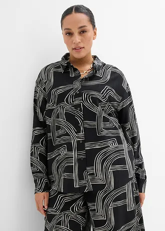 Blouse in een viscosemix, Kleur: parelwit-zwart grafische print