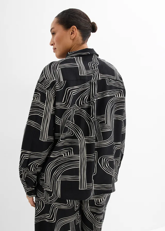 Blouse in een viscosemix, Kleur: parelwit-zwart grafische print