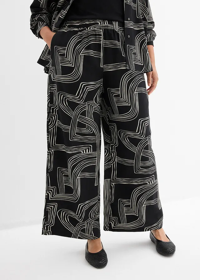 Pantalon large à pinces, Couleur: blanc nacré-noir graphique