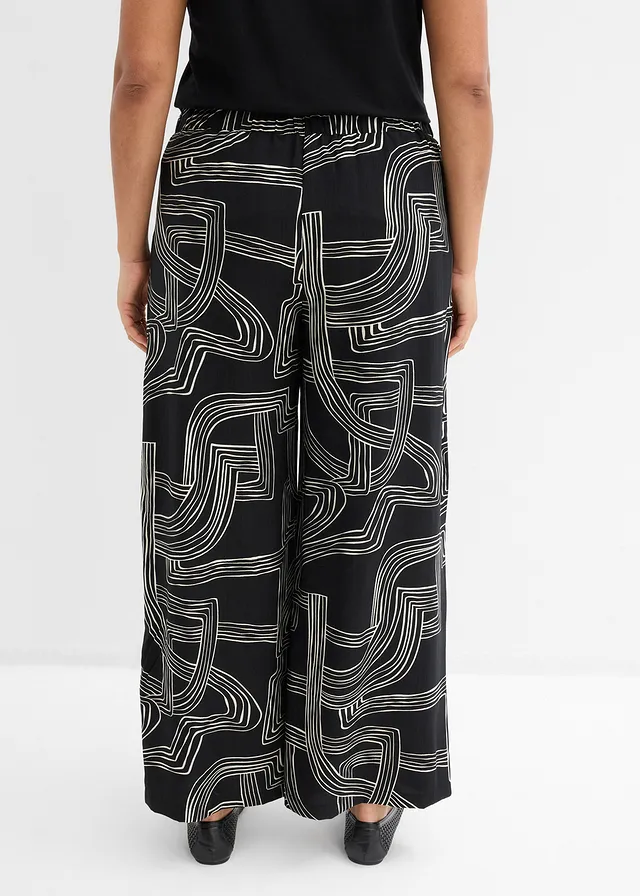 Marlene Dietrich broek in een viscosemix, Kleur: parelwit-zwart grafische print