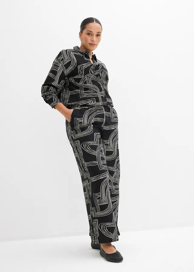 Pantalon large à pinces, Couleur: blanc nacré-noir graphique