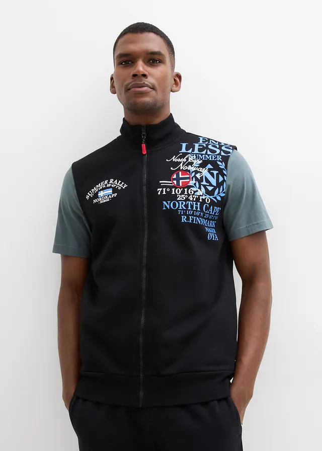 Sweat zippé sans manches à col montant, Couleur: noir imprimé