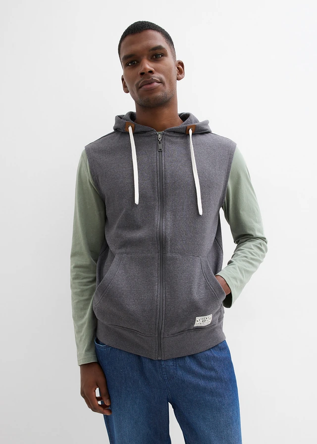 Sweat zippé à capuche sans manches, Couleur: gris ardoise chiné