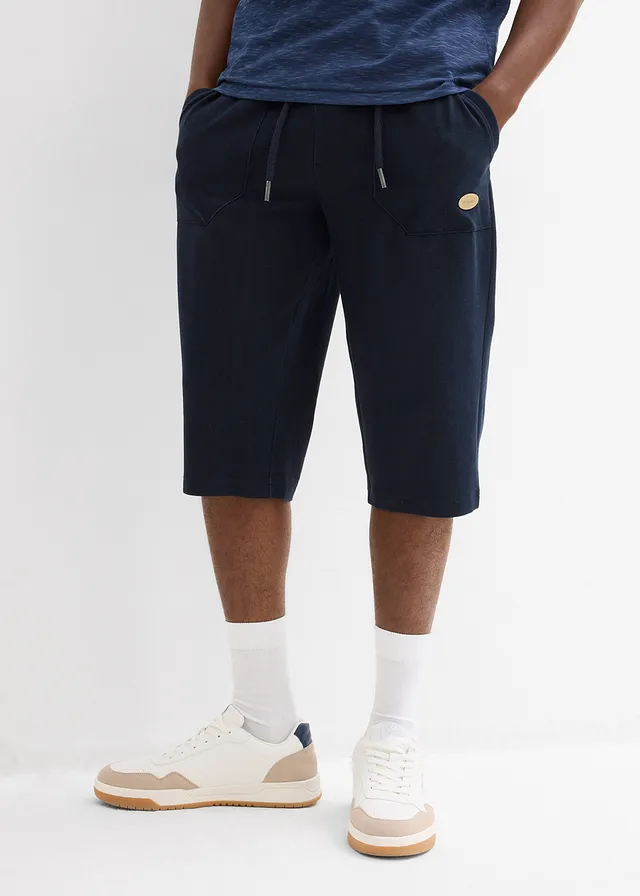 Bermuda sweat long à taille élastiquée, aspect denim, Couleur: bleu foncé