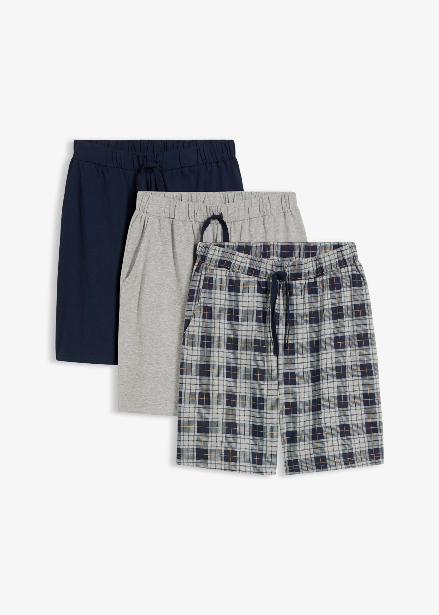 Pantaloni de pijama scurți (3 buc.) • bleumarin cadrilat + bleumarin + gri melanj • magazin bonprix