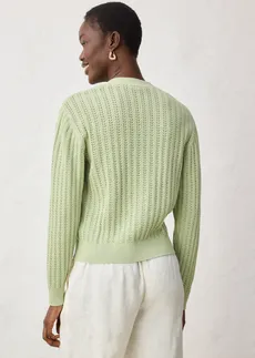 Sweter rozpinany w ażurowy wzór z dodatkiem lnu • zielono-szary • sklep bonprix