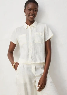 Wijde blouse met korte mouwen van puur linnen, Kleur: wolwit