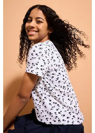 Lot de 2 T-shirts en coton extensible • blanc + indigo floral • Boutique bonprix