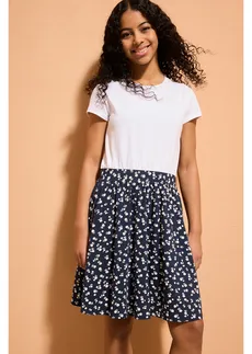 Rochie din jerse din amestec elastic de bumbac organic • alb-bleumarin cu flori • magazin bonprix