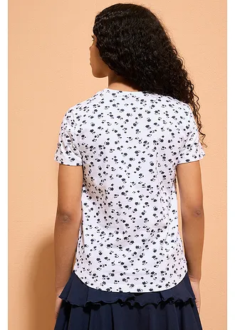 T-shirt z elastycznej bawełny organicznej (2 szt.), kolor: biały+indygo w kwiaty