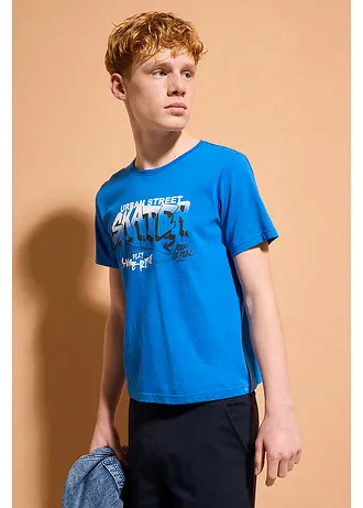 Tricou din bumbac organic 100% (set/3 buc.), culoare: albastru-azur+alb+bej nisipiu cu imprimeu