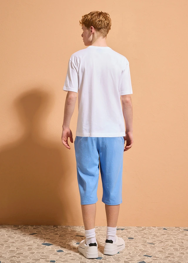 Loose fit T-shirt en lange jersey bermuda van puur biologisch katoen (2-dlg. set), Kleur: wit+middenblauw met print