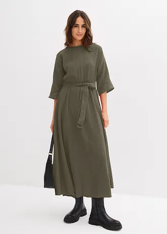 Robe midi en coton doux, Couleur: olive foncé
