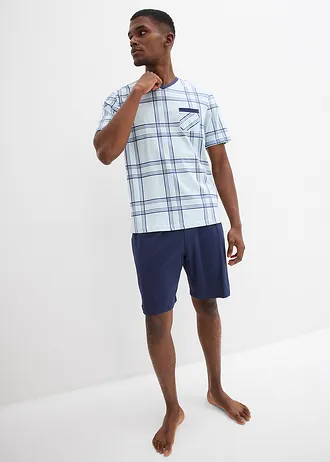 Pyjashort 100% coton, Couleur: bleu foncé-bleu carreaux
