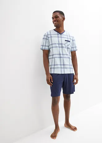 Pyjashort 100% coton, Couleur: bleu foncé-bleu carreaux